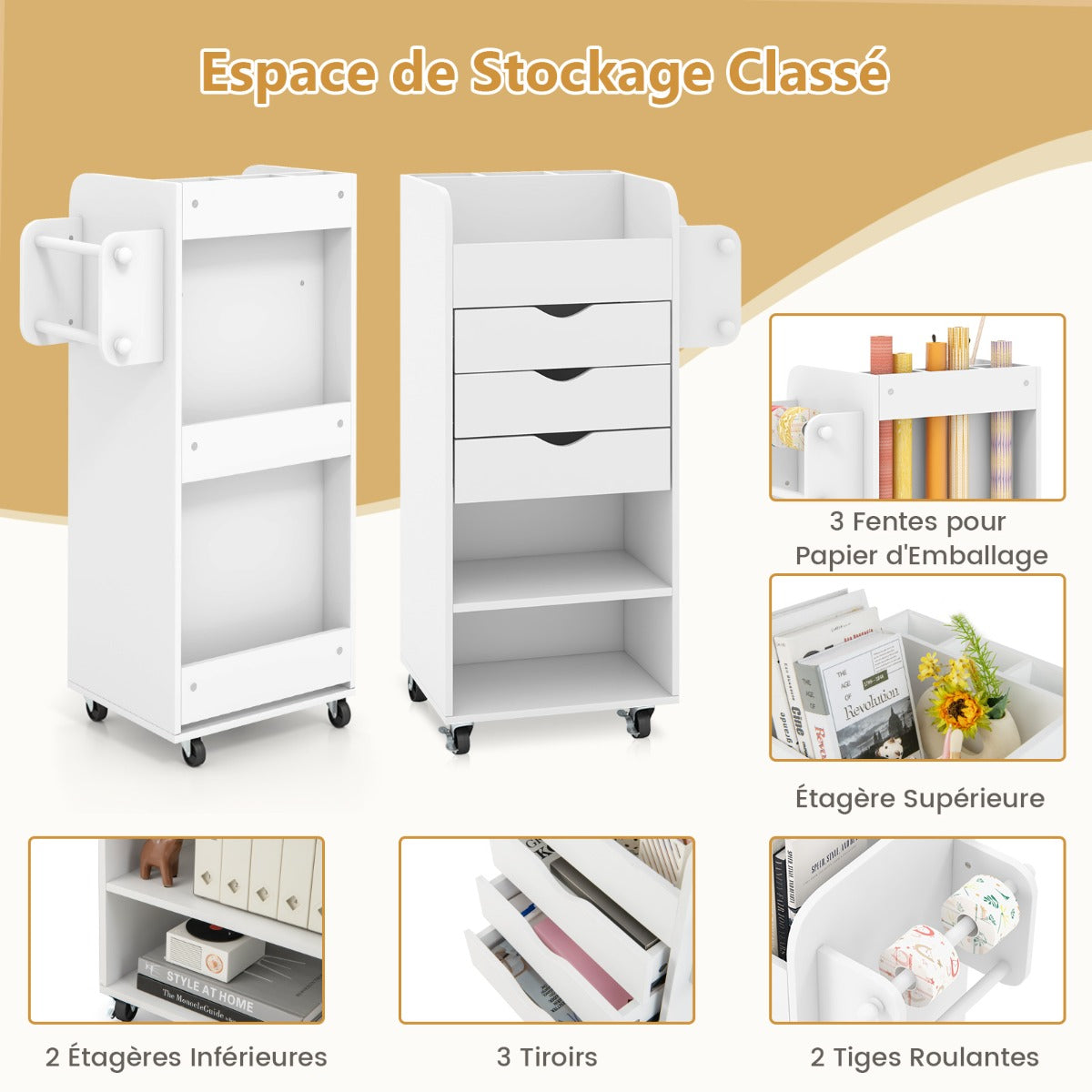 Utility Trolley with Open Shelves and 3 Drawers-White