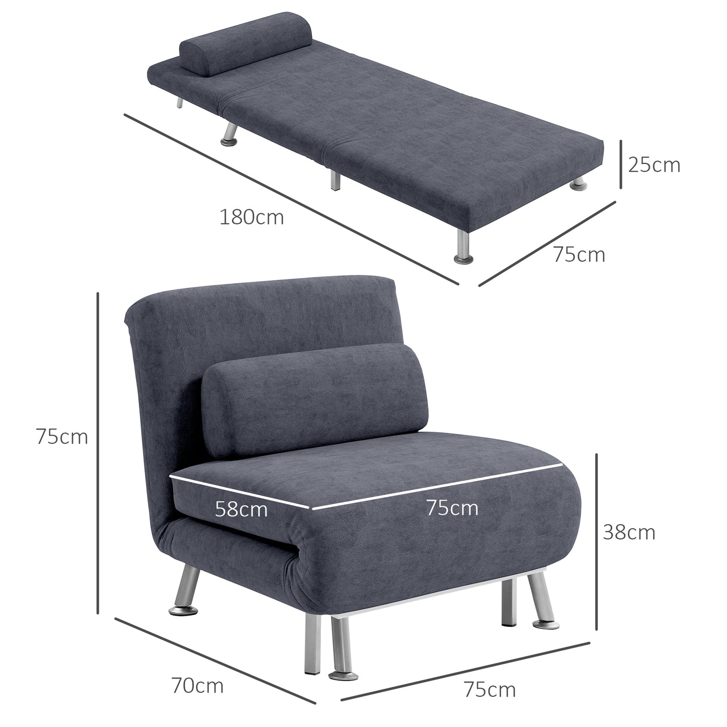 HOMCOM Single Velvet-Feel Sleeper Chair - Dark Grey