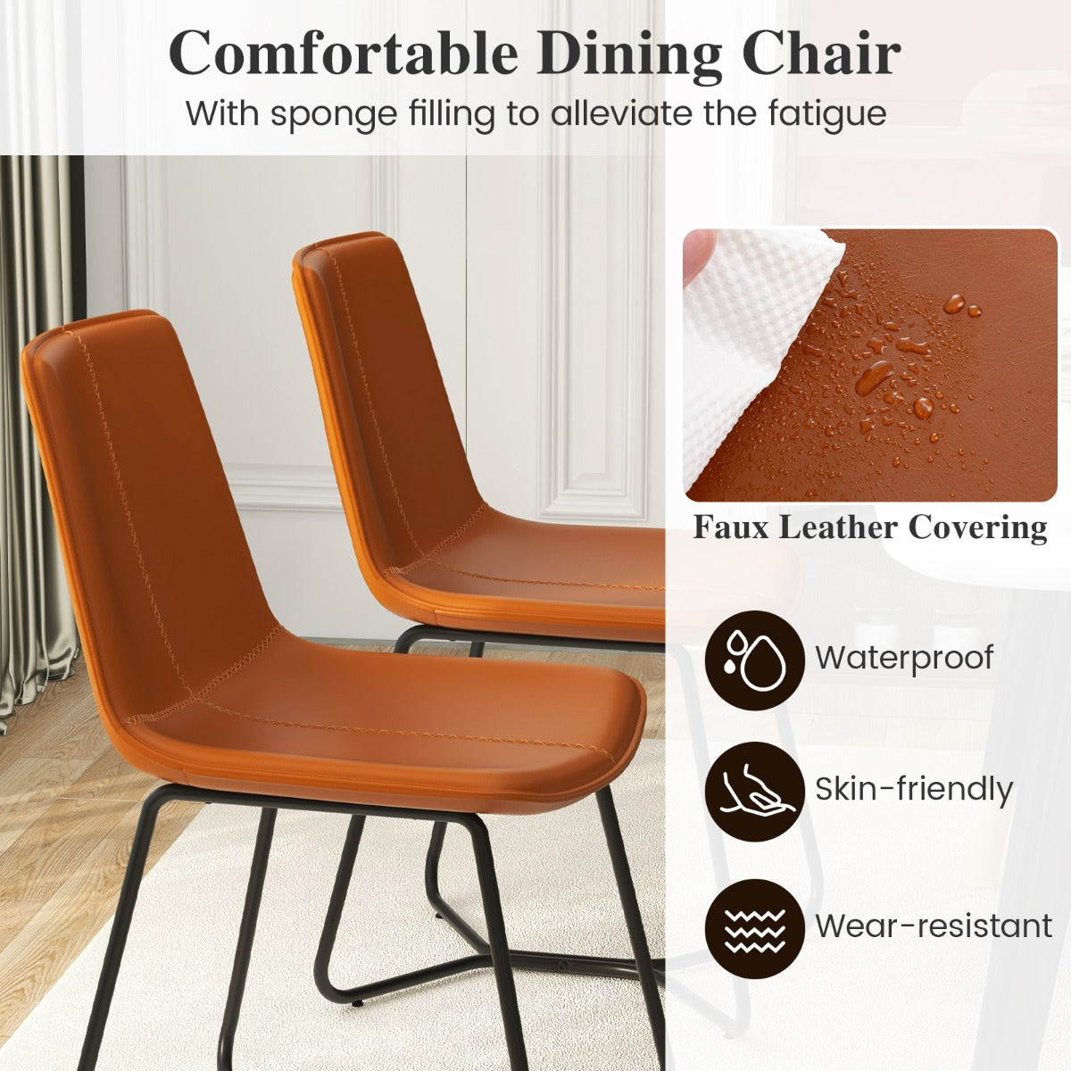 Dining Chair Set of 2 with Metal Legs and Vintage Stitching-Brown