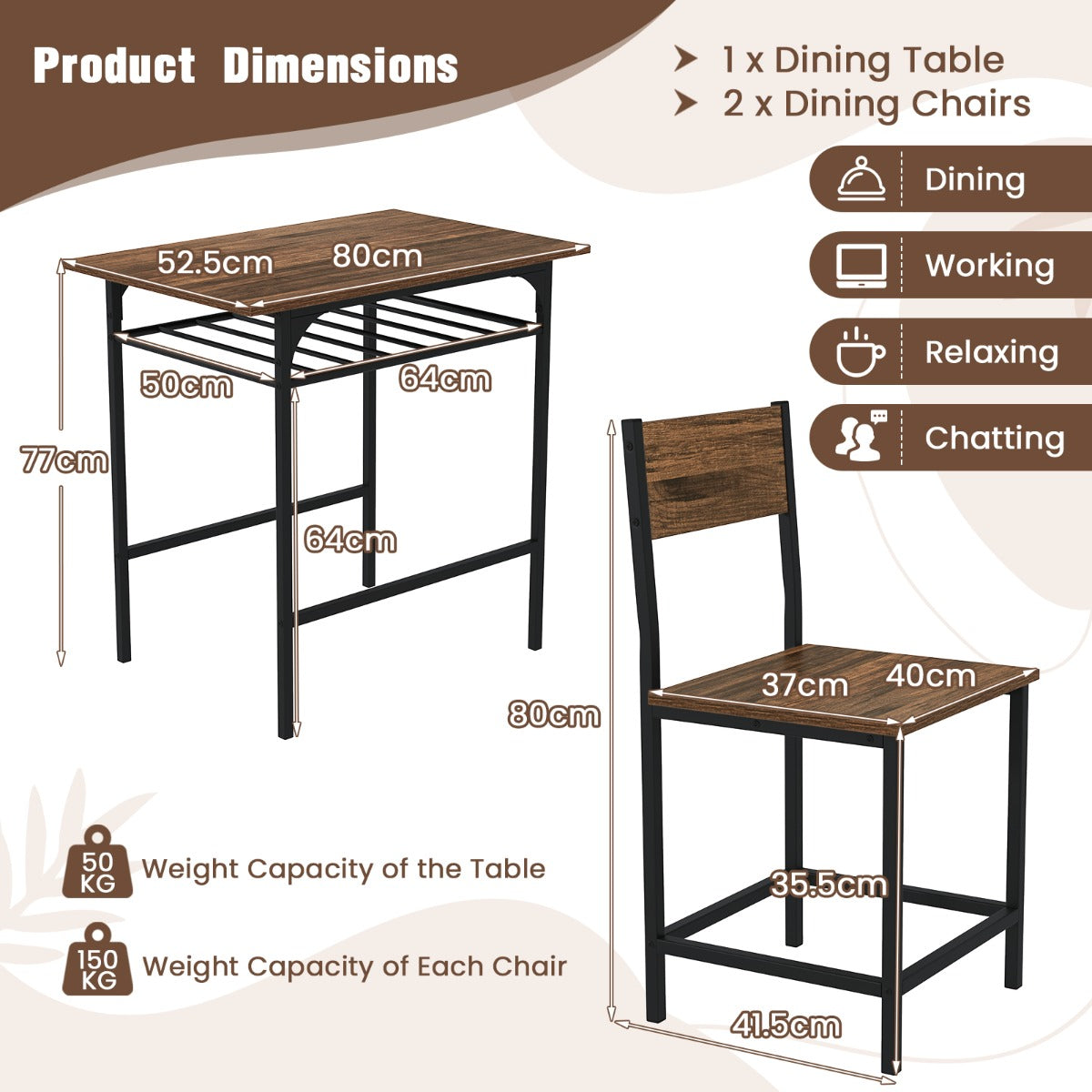 Dining Table Set for 2 with Metal Frame and Storage Rack-Rustic Brown