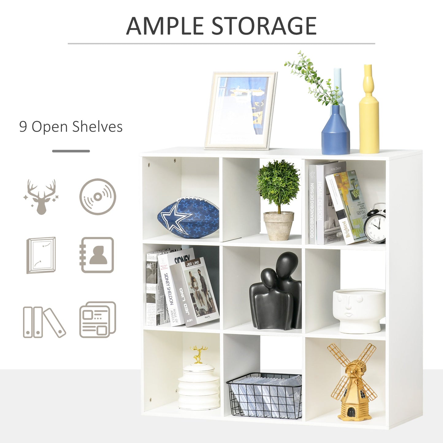 HOMCOM 3-tier 9 Cubes Storage Unit Particle Board Cupboard Bookcase Organiser Home Office Shelves, White