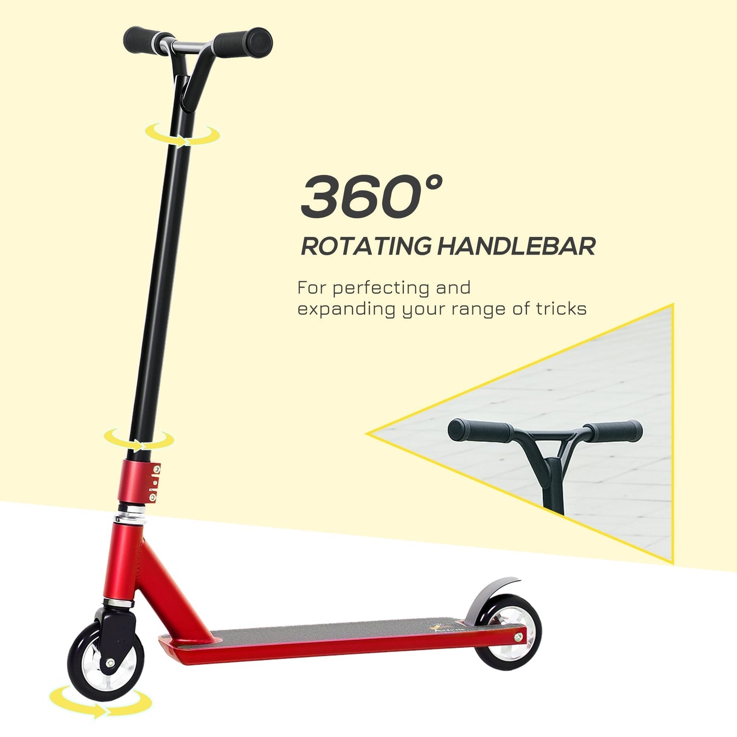 HOMCOM Stunt Scooter, 360 Entry Level Tricks Scooter w/ Lightweight Aluminium Deck and ABEC 7 Bearing, For Age 14+ Beginners, Red