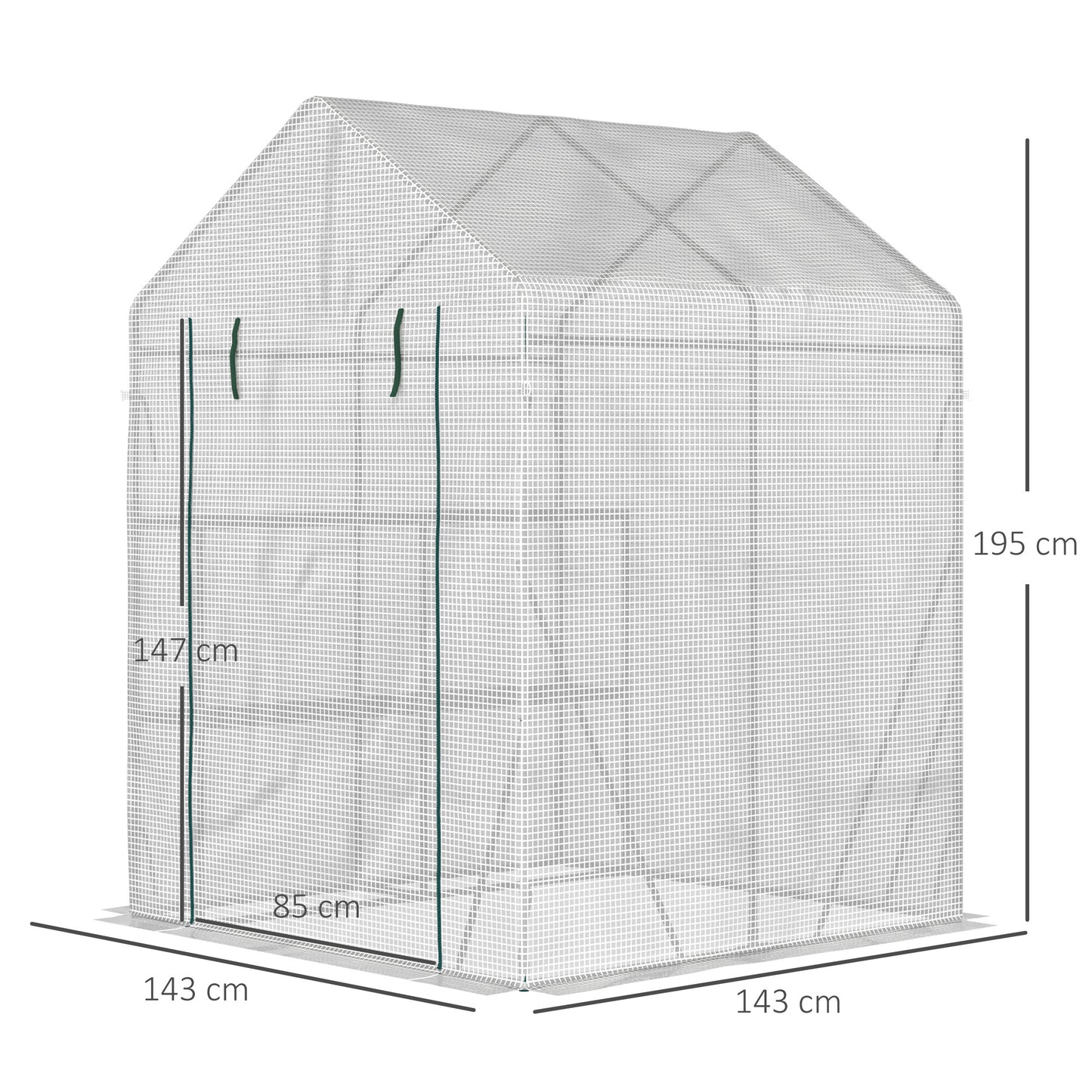 Outsunny Walk In Greenhouse z 2-poziomową półką, przenośna szklarnia do uprawy roślin, pomidorowa szklarnia z rolowanymi drzwiami z zamkiem błyskawicznym, wzmocniona osłona z PE, 143 x 143 x 195 cm, zielona