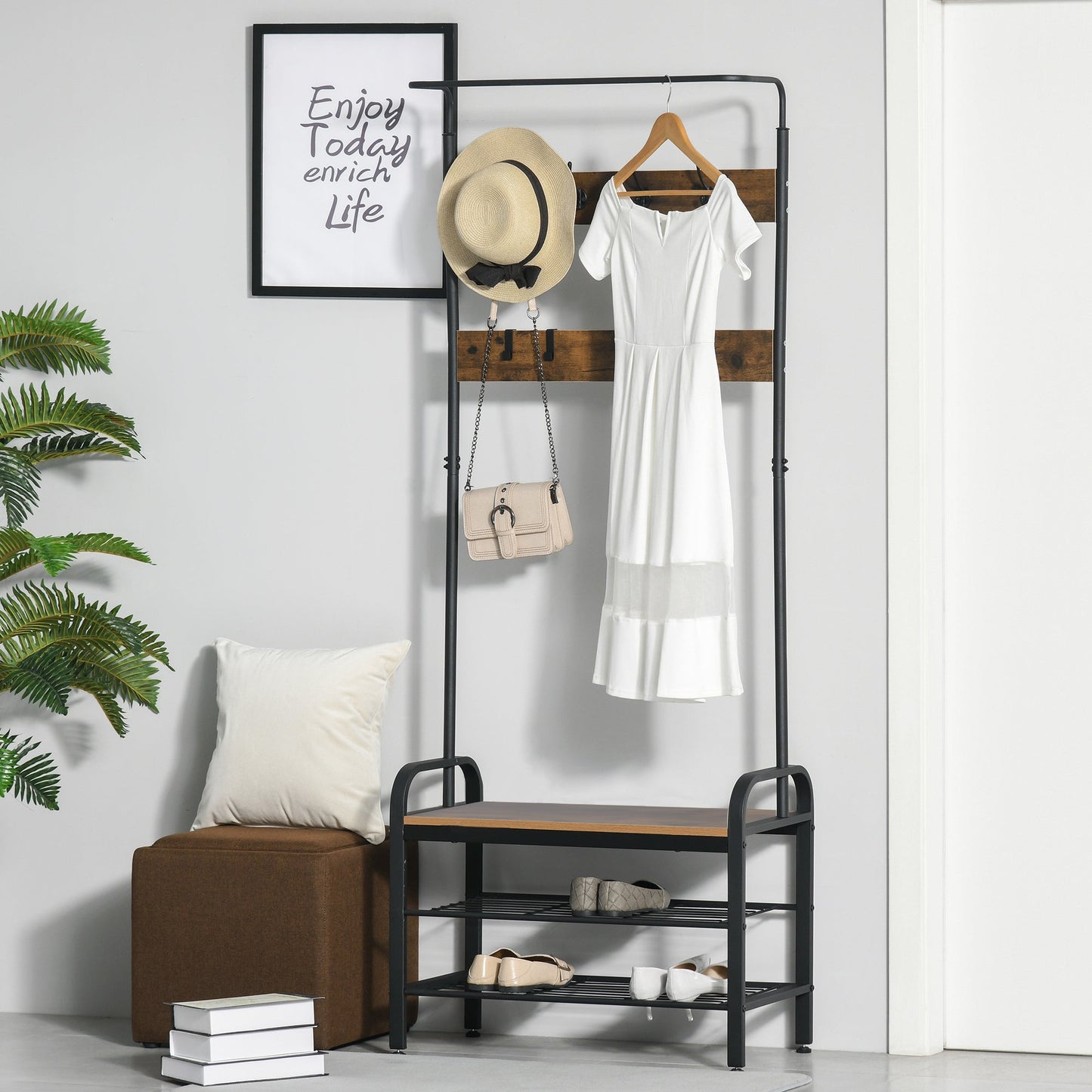 HOMCOM Coat Rack Stand Industrial hallway Shoe Rack Removable Hooks Metal Wood Hangers Storage Cabinet Rustic Brown 72L_34W_185H(cm)