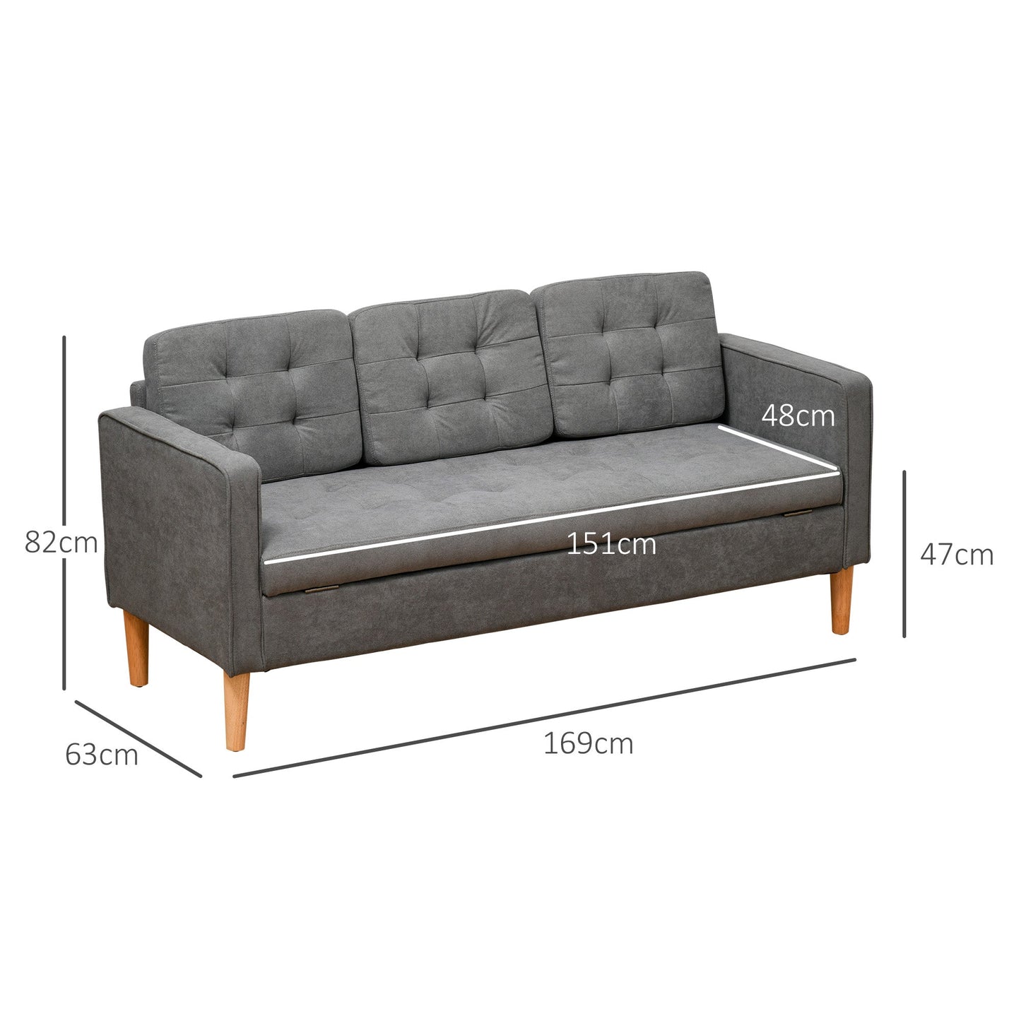 HOMCOM Nowoczesna 3-osobowa sofa z ukrytym schowkiem, 169 cm pikowana bawełniana kanapa z drewnianymi nogami, kompaktowa sofa do salonu, szara