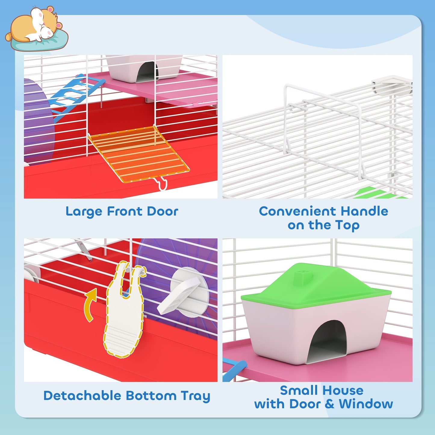 PawHut Hamster Cage, Small Gerbil Cage 2 Tiers Portable w/ Handle, Exercise Wheel, Water Bottle, Dishes