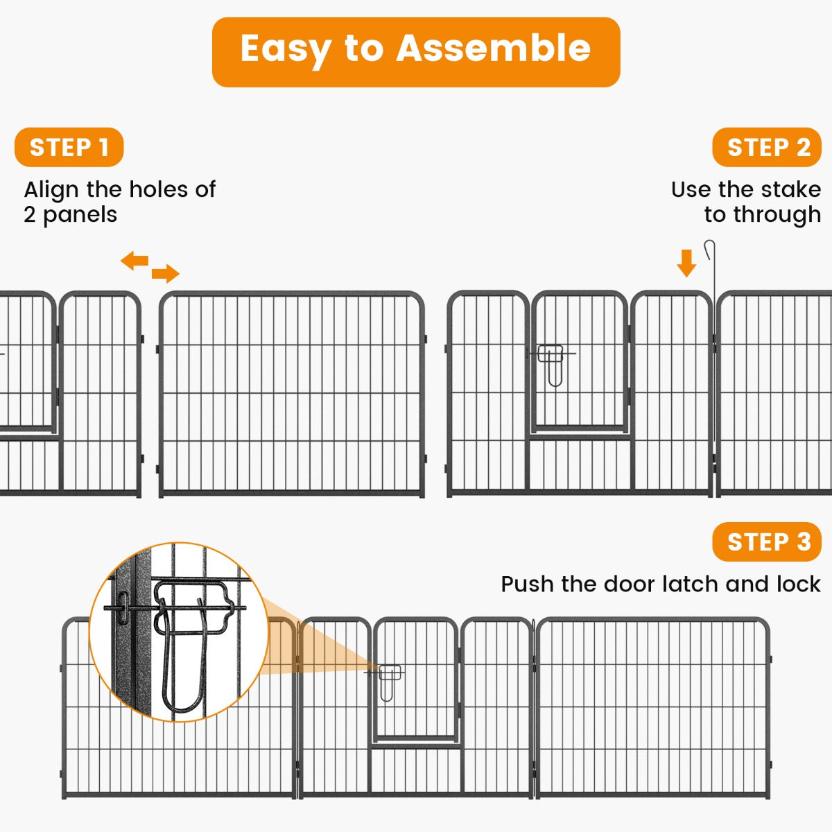 8 Panel 60cm/80cm Height Pen Fence with Lock and Large Door-Black-60 cm