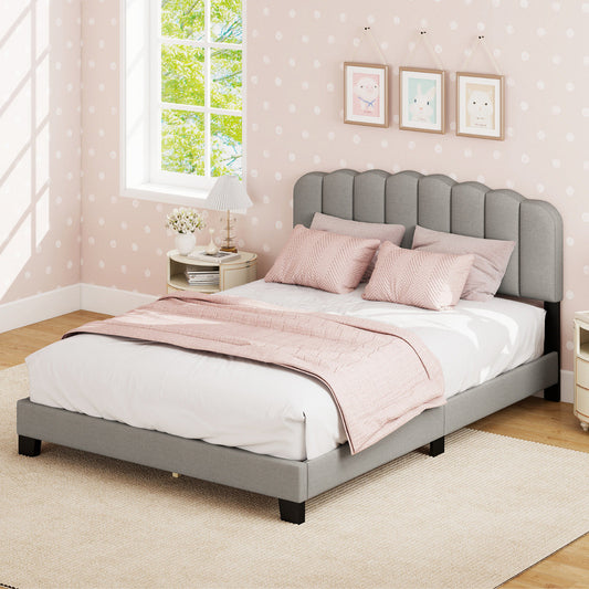 Double Size Linen Upholstered Platform Bed with Adjustable Scalloped Tufted Headboard-Double Size-Grey