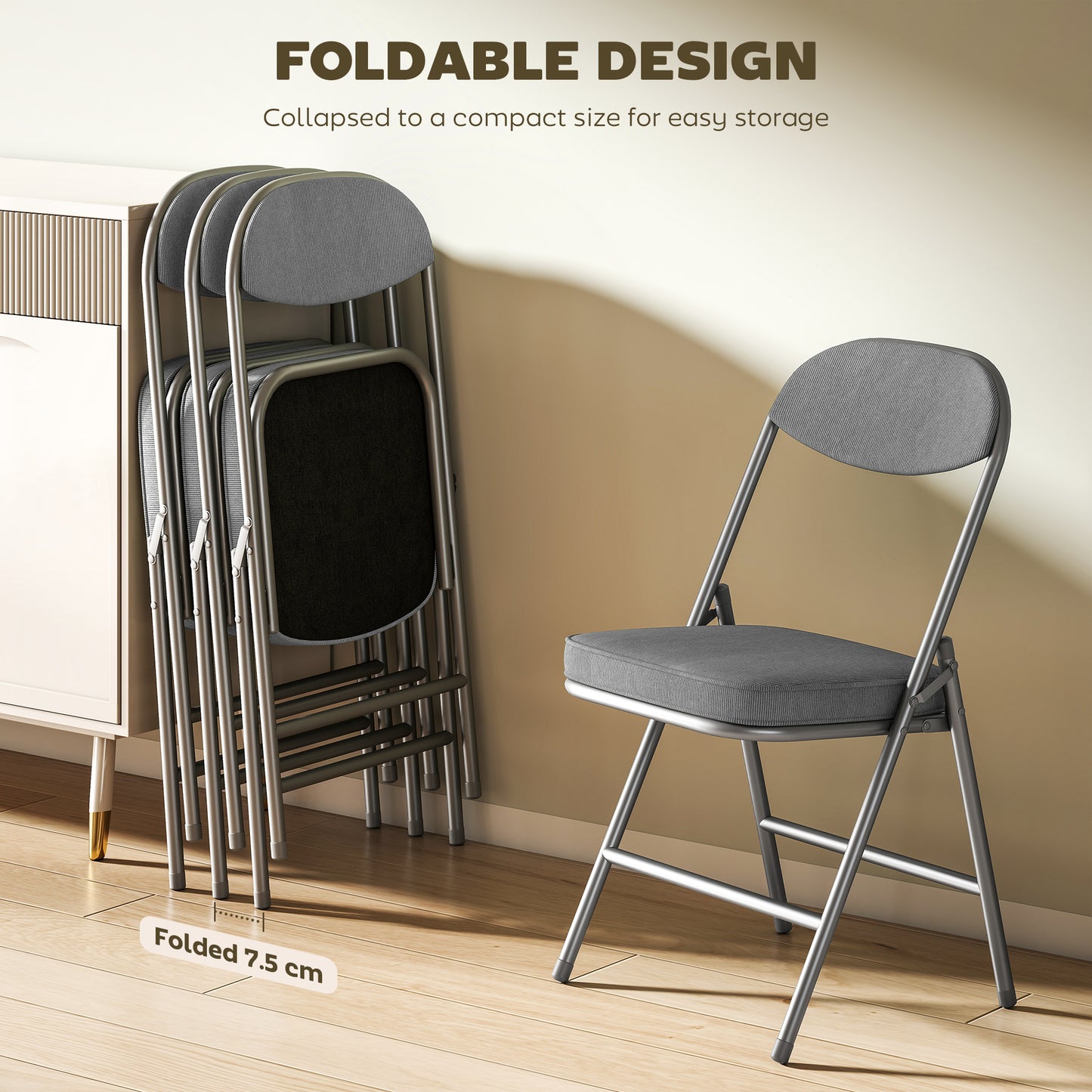 HOMCOM Set of Four Folding Corduroy Seat Chairs - Grey