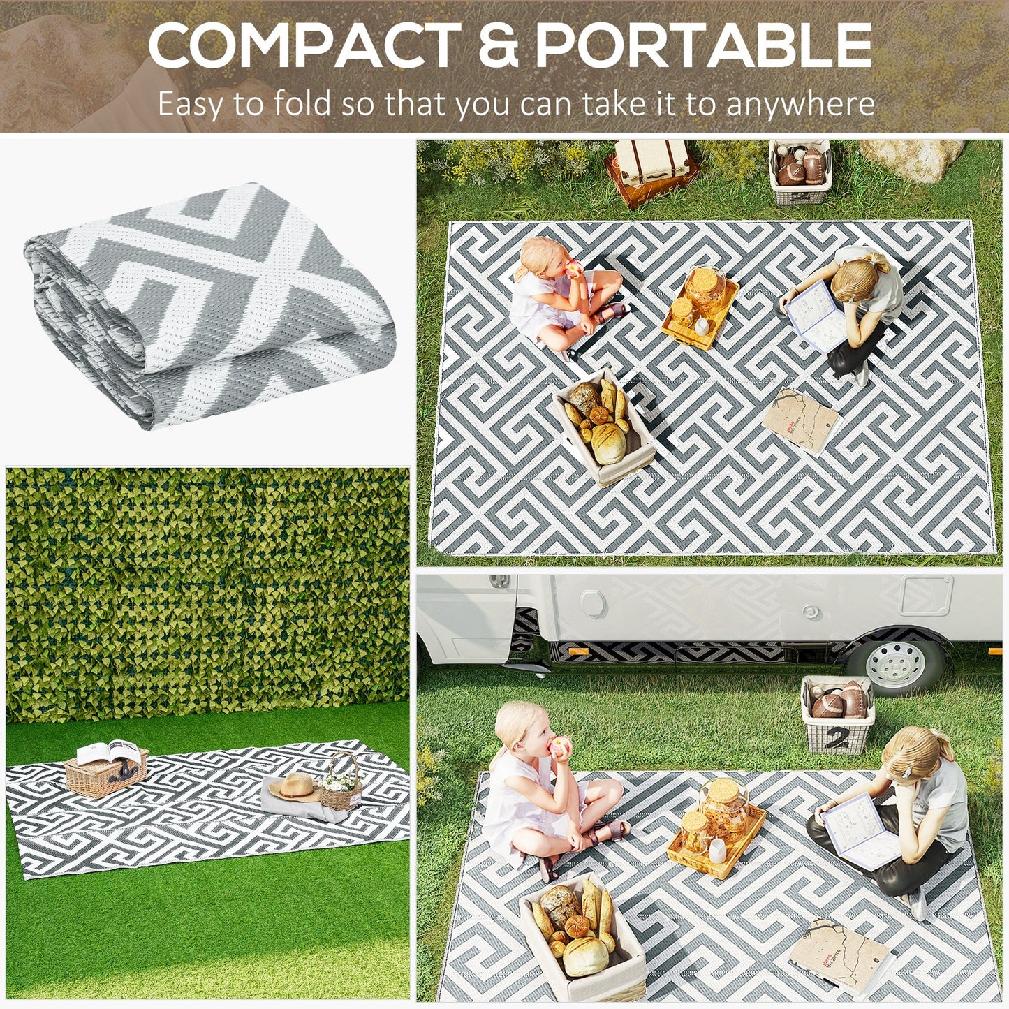 Outsunny Dywan Zewnętrzny Reversible Mat Plastikowy Dywan Słomiany Przenośny RV Camping Mata Ogrodowa Piknik Wewnątrz, 152x243 cm, Jasnoszary