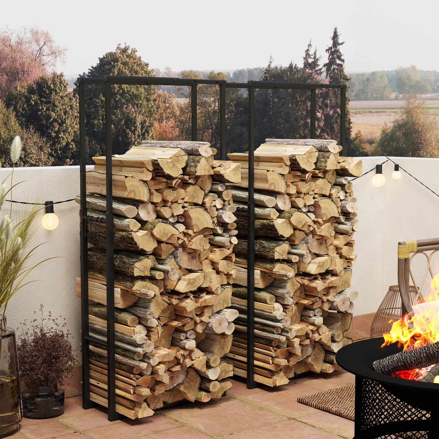 Outsunny Firewood Log Rack Set of 2, chowany metalowy uchwyt do przechowywania drewna, półka do przechowywania drewna do kominka wewnątrz i na zewnątrz z haczykami, 65 x 25 x 150 cm, czarny