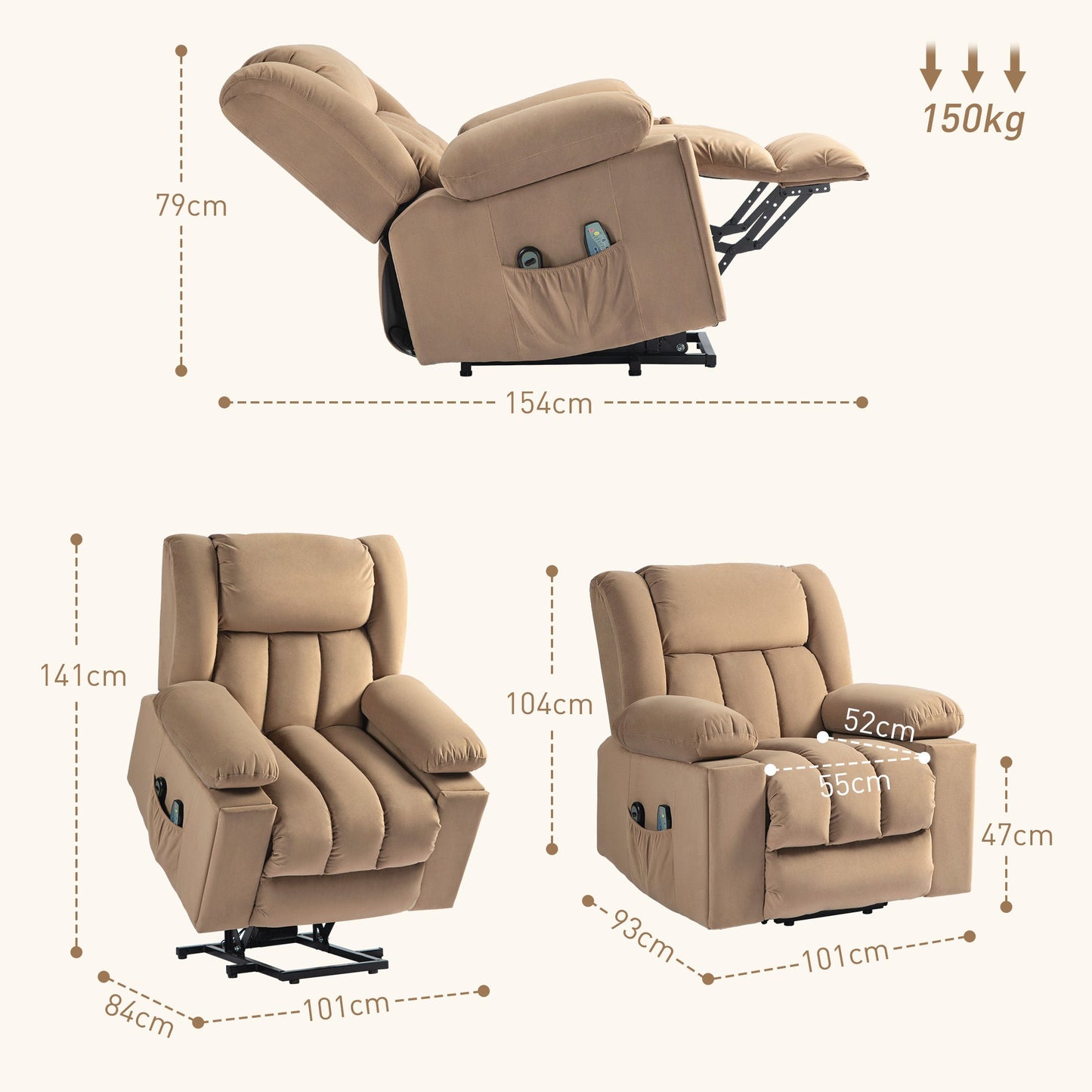 HOMCOM Power Lift Recliner Chair with Vibration Massage and Heat, Electric Lift Chair for Elderly, Overstuffed Fabric Riser and Reclining Armchair with USB Ports, Cup Holders, Light Brown