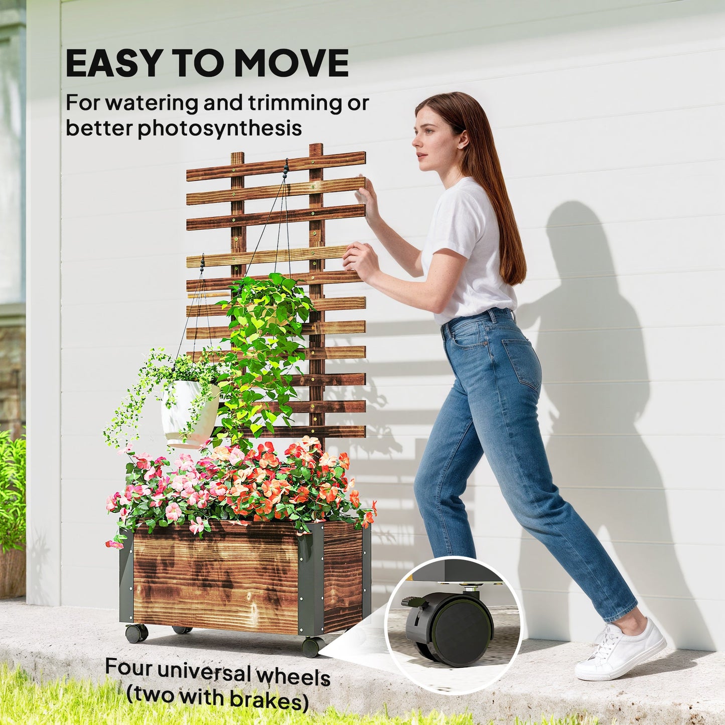 Outsunny Raised Garden Bed with Trellis, Outdoor Wooden Planter Box with Metal Corners and Wheels, Raised Bed for Garden