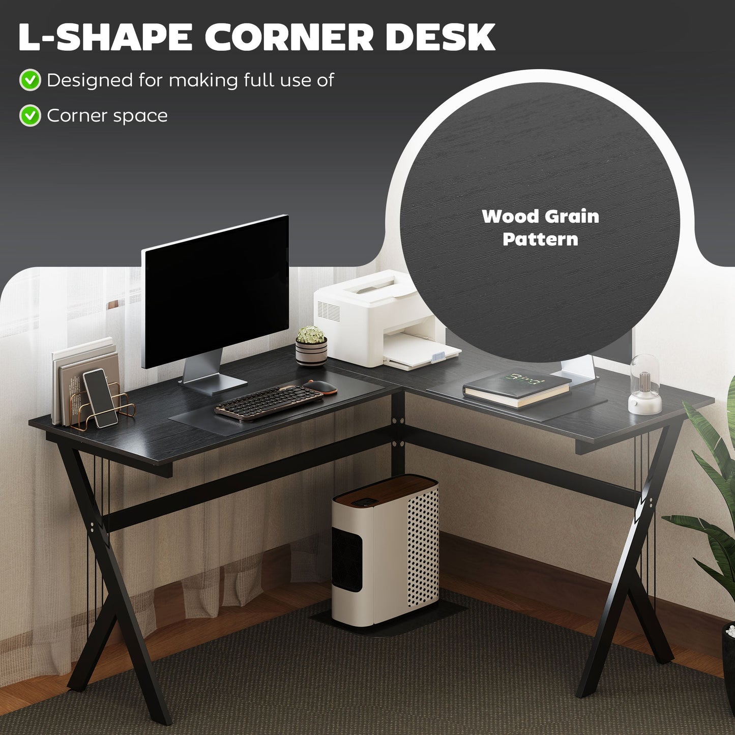 Biurko gamingowe HOMCOM w kształcie litery L, 155 x 130 cm, narożne biurko komputerowe z podstawką pod procesor do biura domowego, stanowiska pracy w gabinecie, czarne
