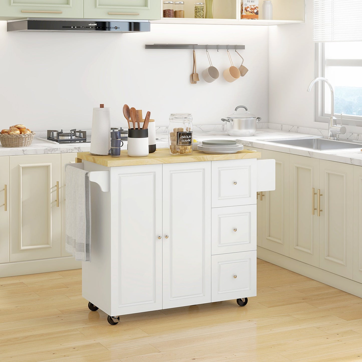 HOMCOM Drop-Leaf Kitchen Island on Wheels Utility Storage Cart with Drawers & Cabinet for Kitchen, Dining & Living Room