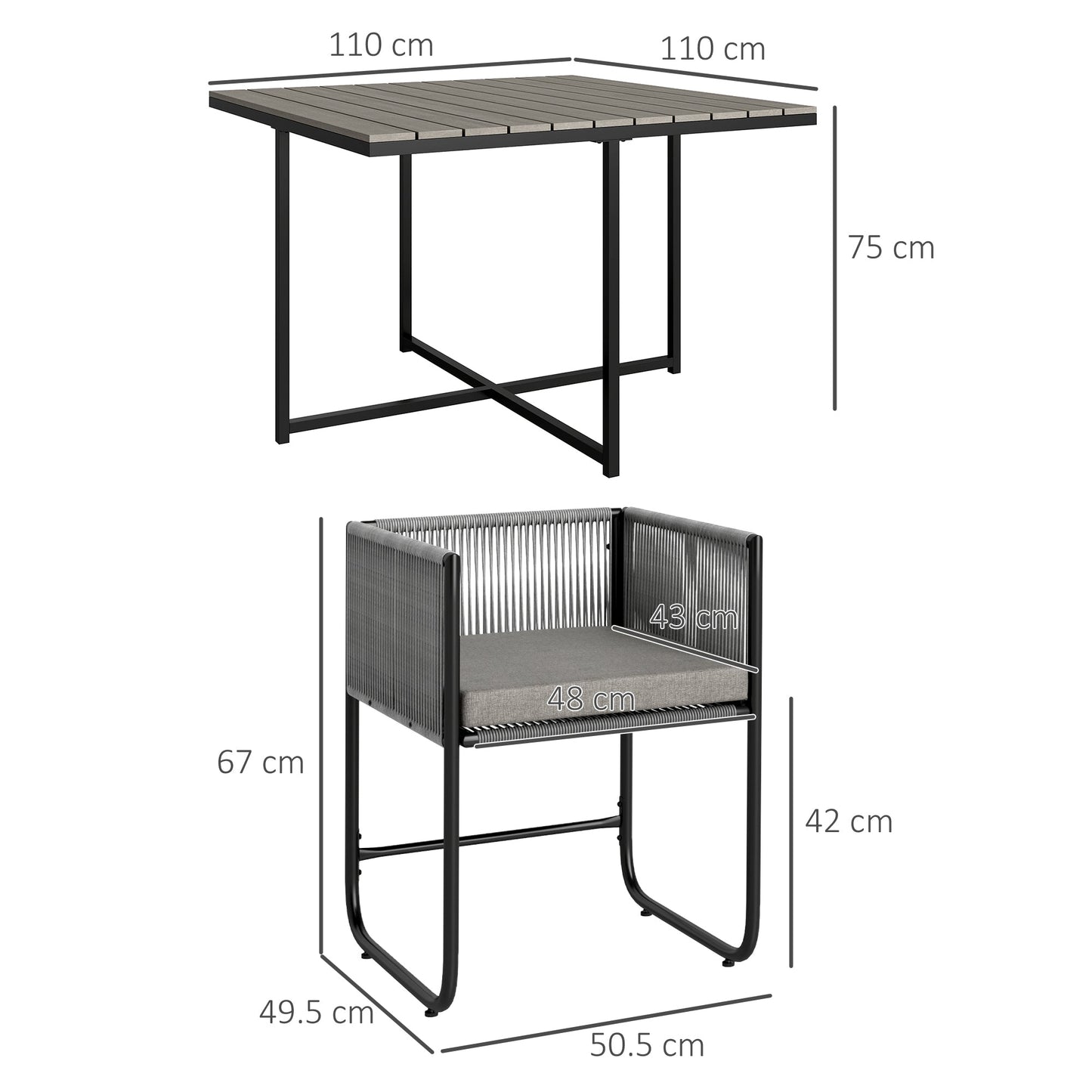 Zestaw mebli ogrodowych Outsunny 4 Seater Rattan Cube, zestaw jadalny z rattanu z poduszkami, stół jadalny i krzesła zewnętrzne z prostokątnym blatem z tworzywa sztucznego o strukturze drewna na patio, balkon, szary
