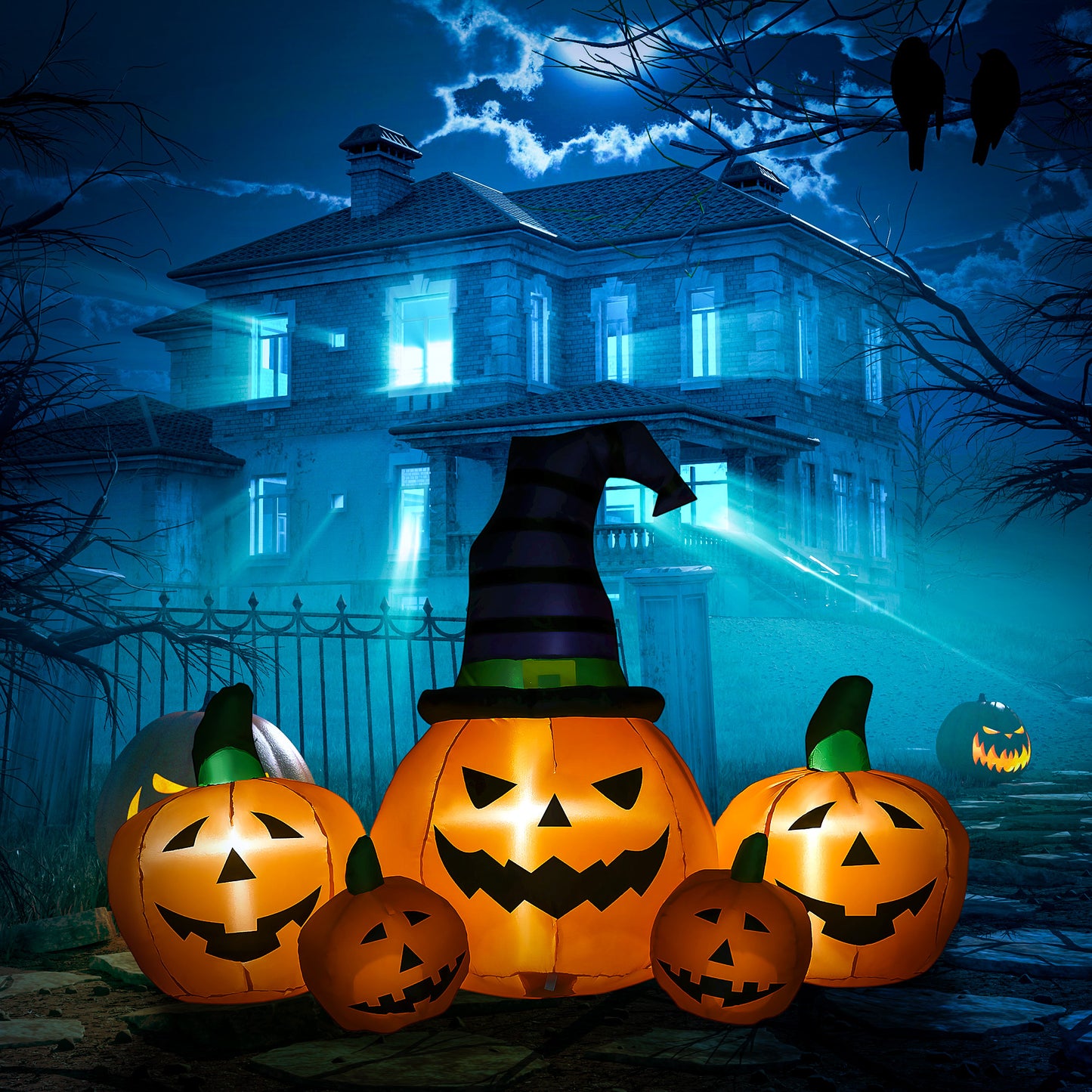 Outsunny 6ft nadmuchiwana duża dynia na Halloween w kapeluszu z czterema małymi dyniami, nadmuchiwany zewnętrzny wyświetlacz LED na trawnik, do ogrodu, na imprezę