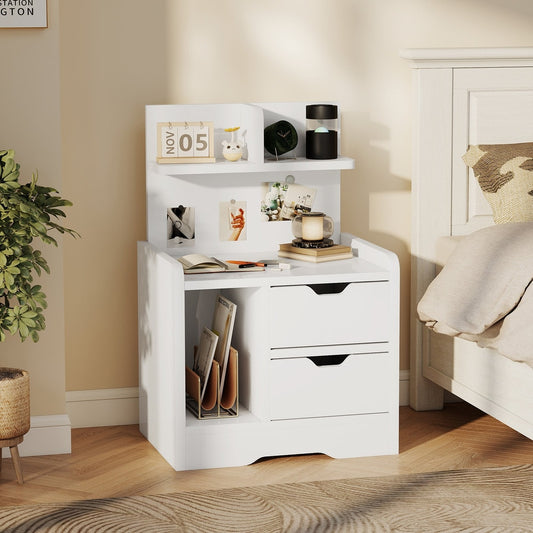 HOMCOM Bedside Table with 2 Drawers and Open Shelves in High Gloss White, image 2