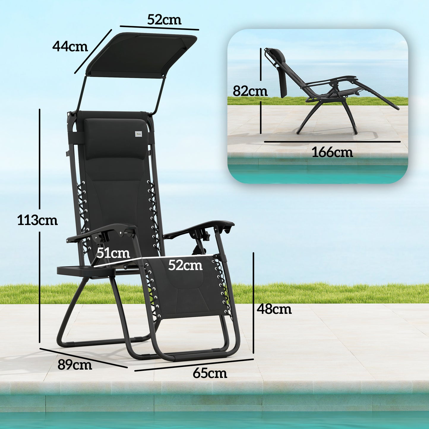 Zestaw 2 składanych leżaków Outsunny Zero Gravity, rozkładany leżak ogrodowy z osłoną przeciwsłoneczną, wyściełanym siedziskiem, uchwytem na kubek, miękką poduszką i zagłówkiem, do użytku przy basenie, kempingowy, czarny