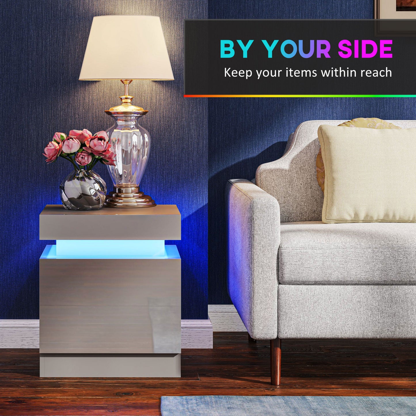 HOMCOM Grey Bedside Table with LED Light, High Gloss Front Nightstand with 2 Drawers, for Living Room, Bedroom