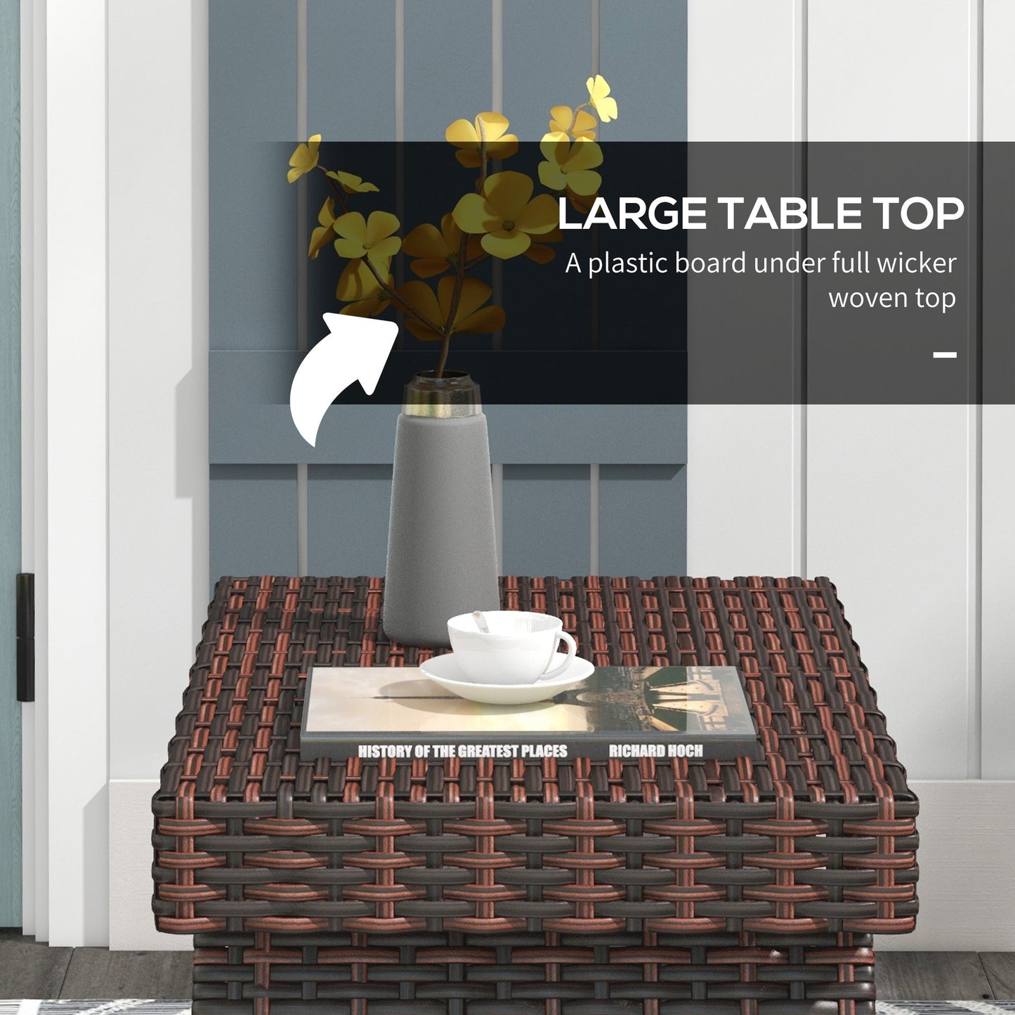 Outsunny składany stolik boczny do ogrodu, rattanowy stolik kawowy do ogrodu ze stalową ramą, oszczędzający miejsce mebel ogrodowy bistro na patio, balkon, 60 x 41 x 41 cm, brązowy