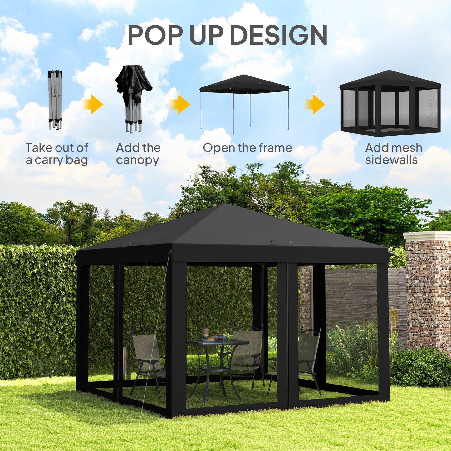 Outsunny 3 x 3Â m Pop Up Gazebo, 420D Garden Tent Canopy with Removable Mesh Sidewall Netting, Carry Bag for Garden Patio Outdoor, Black