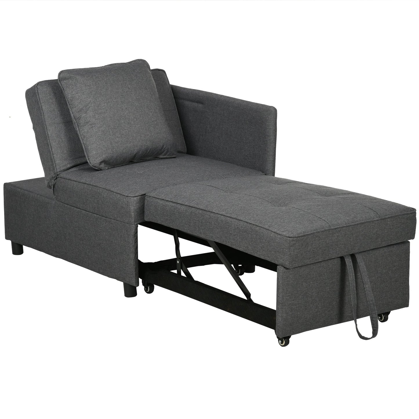 HOMCOM Sofa rozkładana pojedyncza z grubym, wyściełanym siedziskiem, 3 w 1 wielofunkcyjny fotel rozkładany z kieszenią na czasopisma, do salonu, szary