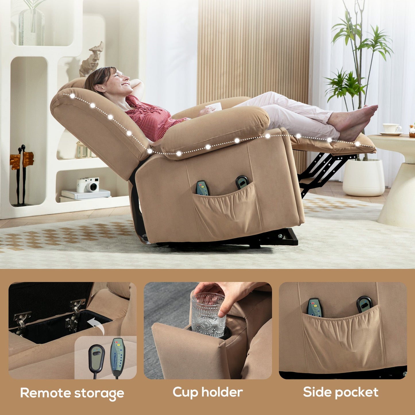 HOMCOM Power Lift Recliner Chair with Vibration Massage and Heat, Electric Lift Chair for Elderly, Overstuffed Fabric Riser and Reclining Armchair with USB Ports, Cup Holders, Light Brown