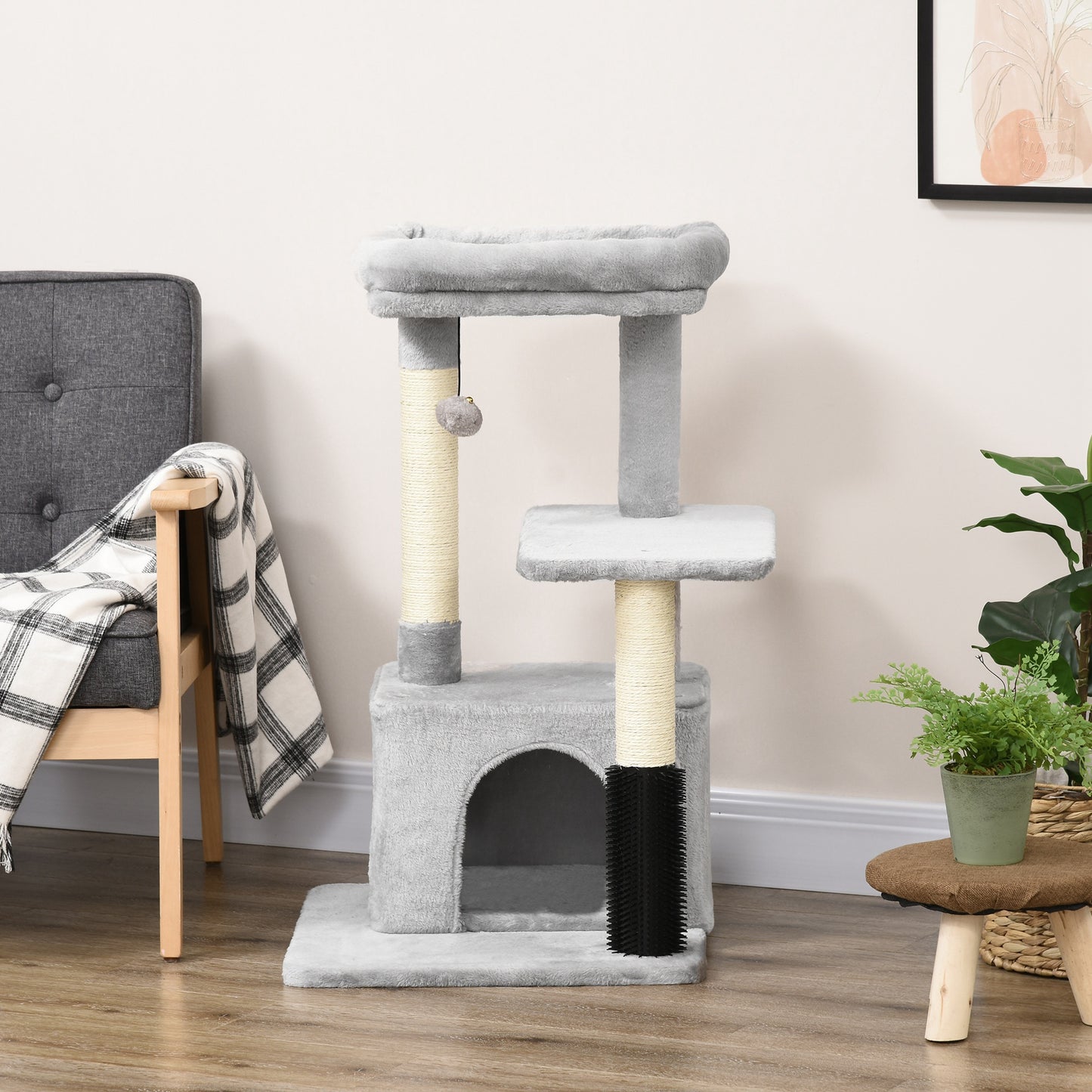 PawHut Cat Tree dla kotów domowych, wieża wspinaczkowa, drapak dla kotów, centrum aktywności dla kotów z zabawką do masażu, wisząca piłka, łóżko, grzęda, 48 x 48 x 85 cm, szary
