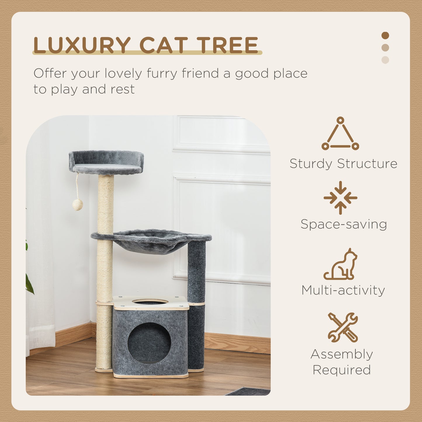 PawHut Cat Tree dla kotów domowych 95 cm wieża wspinaczkowa centrum aktywności dla kociąt z sizalowym słupkiem do drapania grzęda przestronny hamak w mieszkaniu zdejmowana filcowa wisząca zabawka, szary