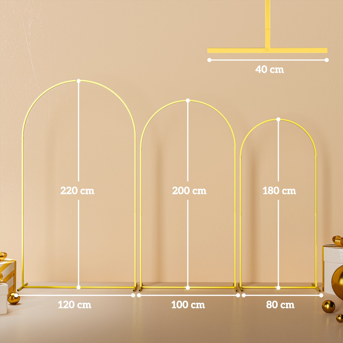 Zestaw ram łukowych Outsunny Wedding Arch, 2,2, 2, 1,8 m Metalowy stojak na łuki, zestaw 3 sztuk, zestaw stojaków na łuki balonowe na przyjęcia urodzinowe, wieczór panieński, ukończenie szkoły, ceremonię, dekoracje bankietowe, złoty odcień