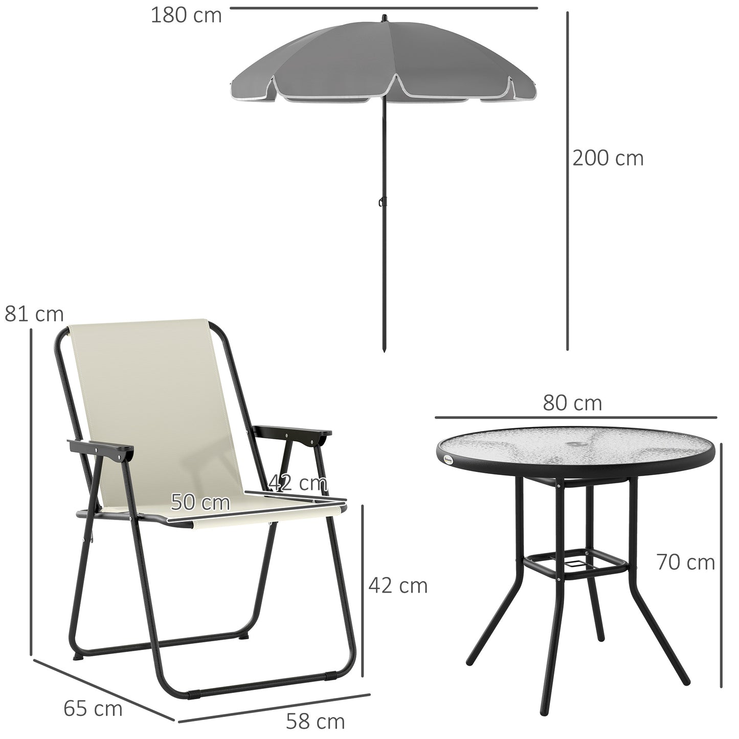 Zestaw mebli ogrodowych Outsunny 4 Seater, 6 elementów, stół ogrodowy i krzesła z parasolem, zestaw jadalny do ogrodu na zewnątrz ze składanymi krzesłami i okrągłym szklanym blatem na patio, kremowo-biały