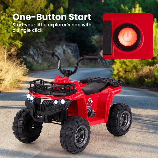 6V 4-Wheeler Quad Car with One-Button Start and Tread Tires-Red