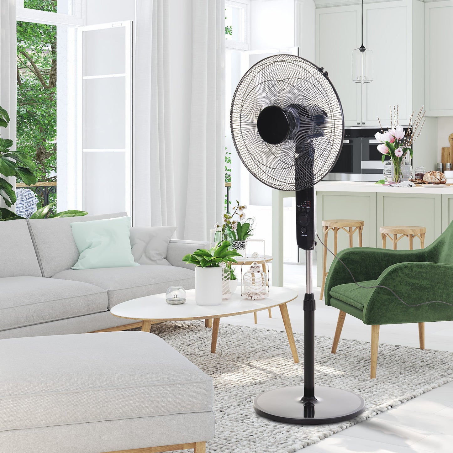 HOMCOM 18" Pedestal Fan, Oscillating Standing Fan with Remote Control, Floor Fan with Adjustable Height, 3 Speed, 7.5-Hour Timer, Black
