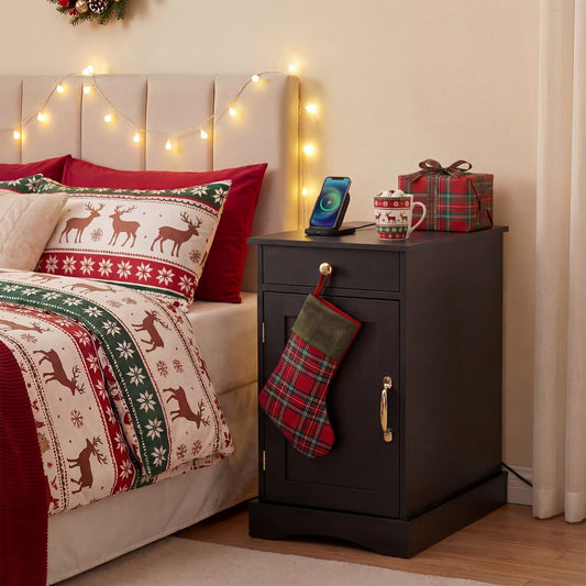 End Table Narrow Nightstand Bedside Table with Charging Station-Black
