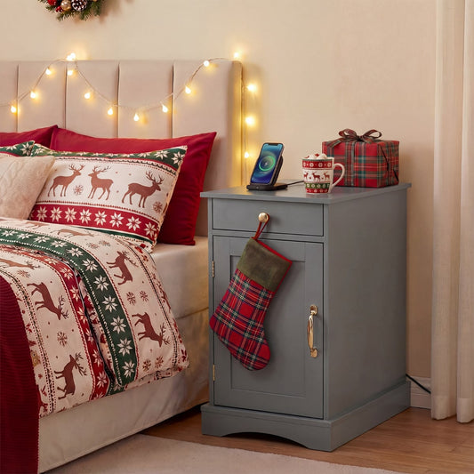 End Table Narrow Nightstand Bedside Table with Charging Station-Grey