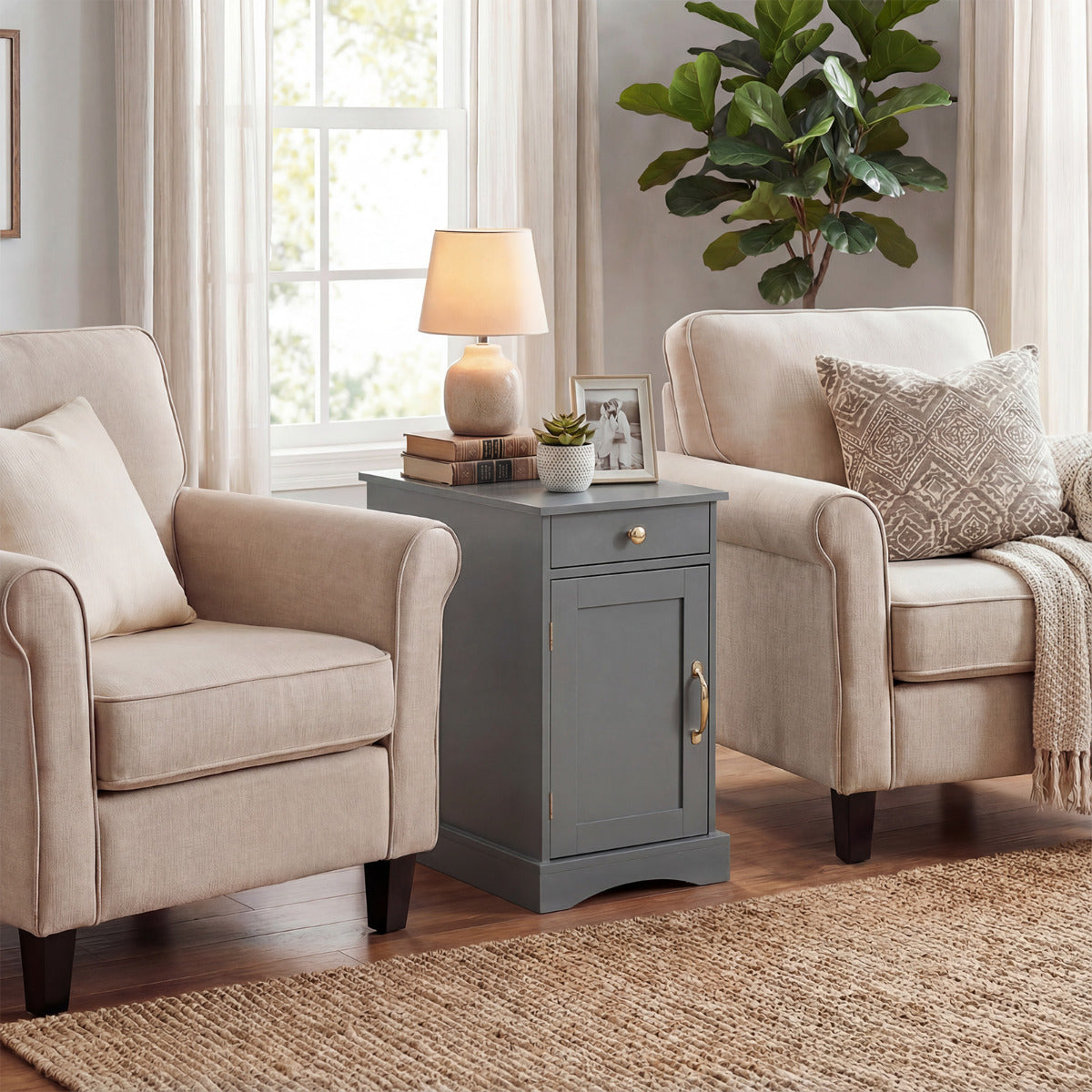 End Table Narrow Nightstand Bedside Table with Charging Station-Grey