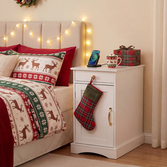 End Table Narrow Nightstand Bedside Table with Charging Station-White