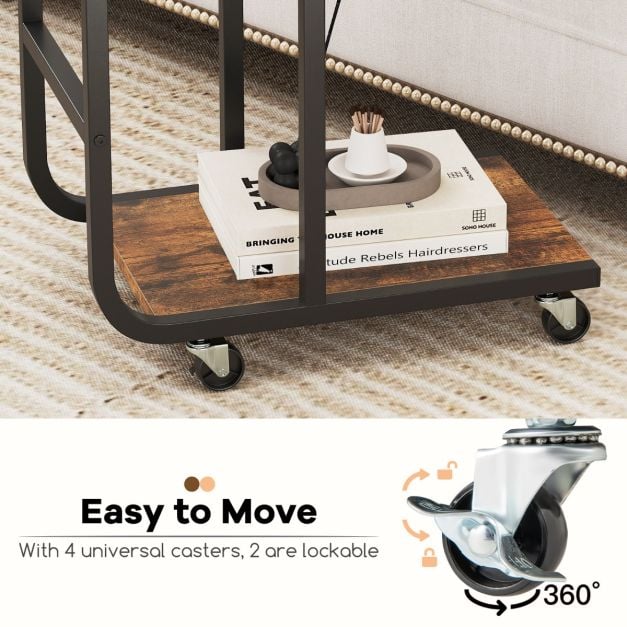 C-shaped End Table Space-saving Couch Table with Open Shelves-Rustic Brown