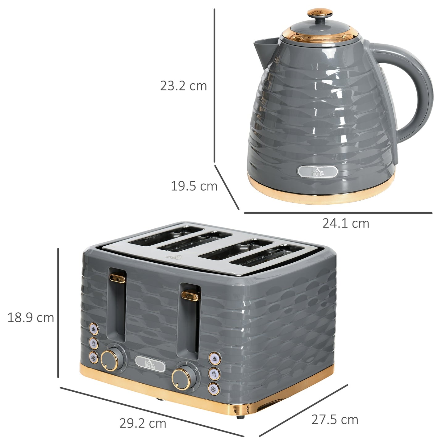 Zestawy czajnika i tostera HOMCOM, czajnik 3000 W 1,7 l do szybkiego gotowania i toster na 4 kromki z 7 przyciskami do przyrumieniania, rozmrażaniem, podgrzewaniem i tacką na okruchy, termostatem Otter, szary