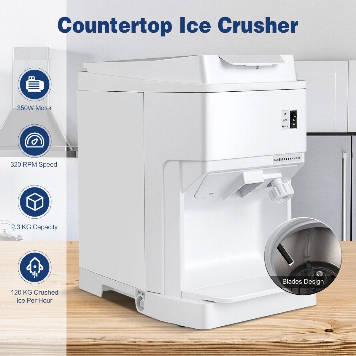 350W Ice Size Adjustable Commercial Electric Ice Crusher for Home Restaurant-White