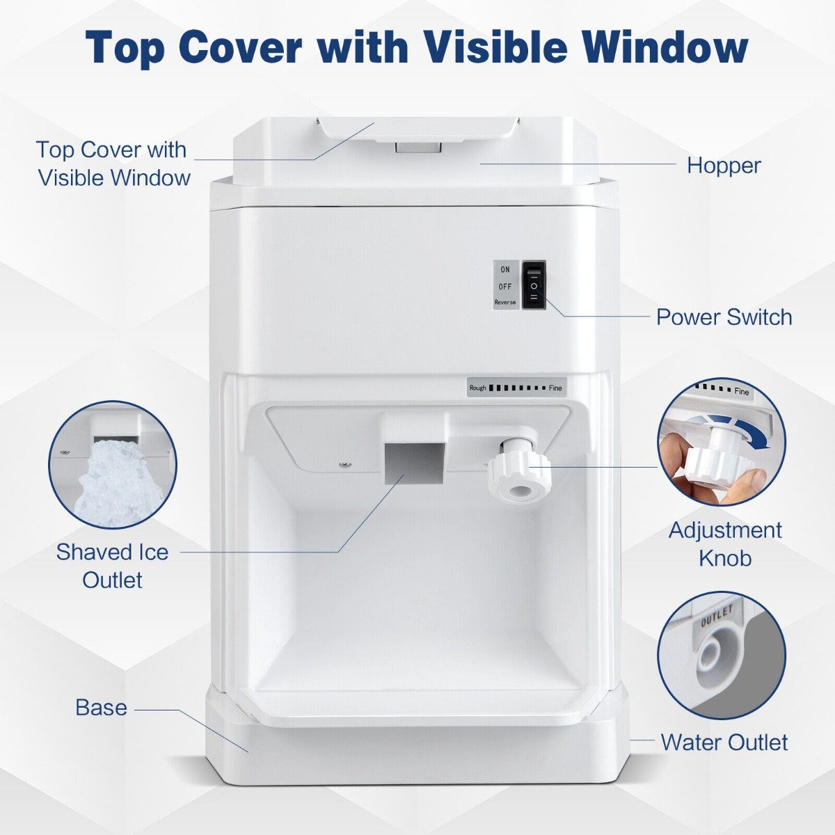350W Ice Size Adjustable Commercial Electric Ice Crusher for Home Restaurant-White