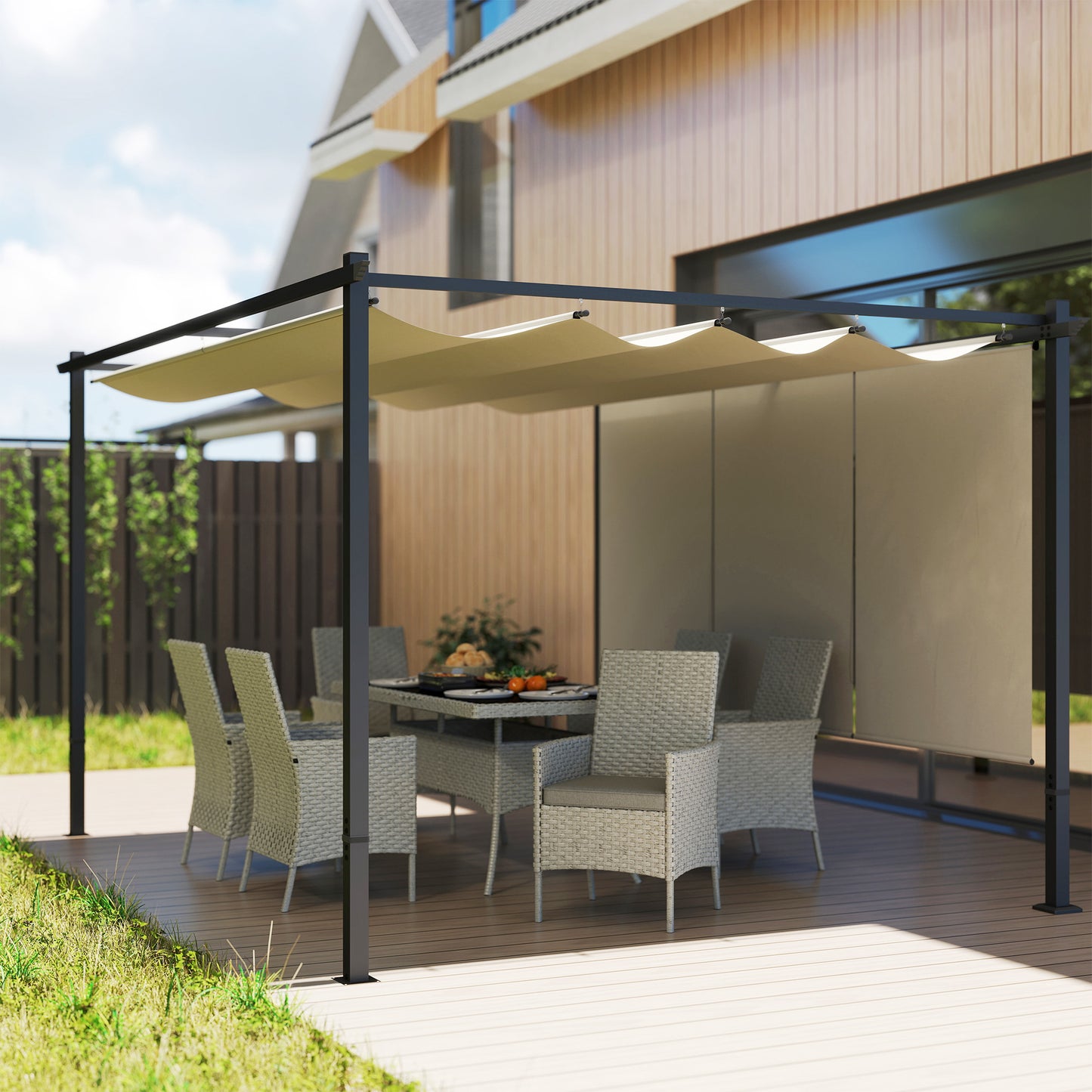 Outsunny 3 x 4m Metalowa pergola z chowanym dachem i roletą, montowana na ścianie lub wolnostojąca ogrodowa altana z baldachimem, UPF30+ zewnętrzna osłona przeciwsłoneczna, beżowa