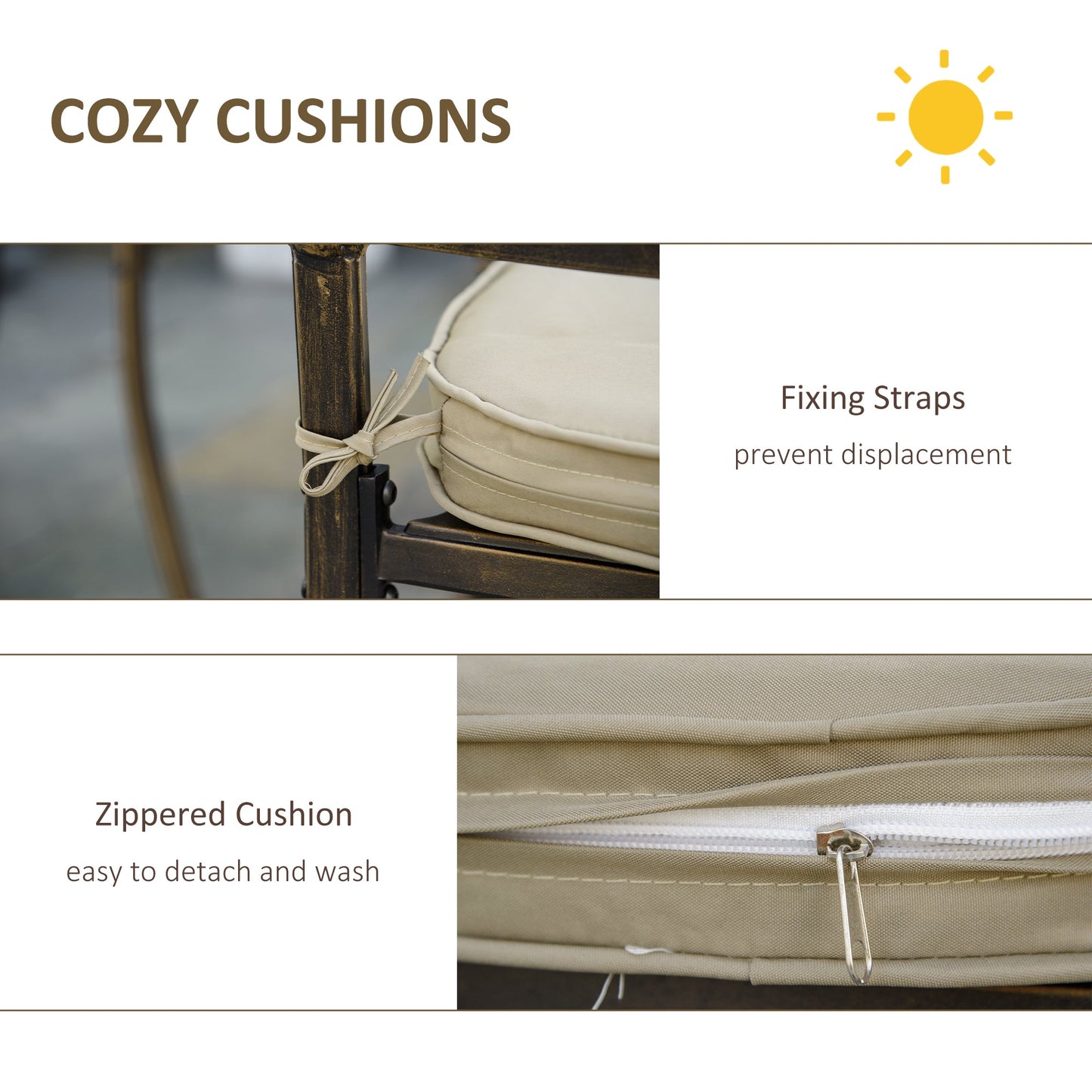 Outsunny 4-osobowy zestaw ogrodowy do jadalni z antycznego odlewu aluminiowego z poduszkami, okrągły stół jadalny z otworem na parasol, brąz