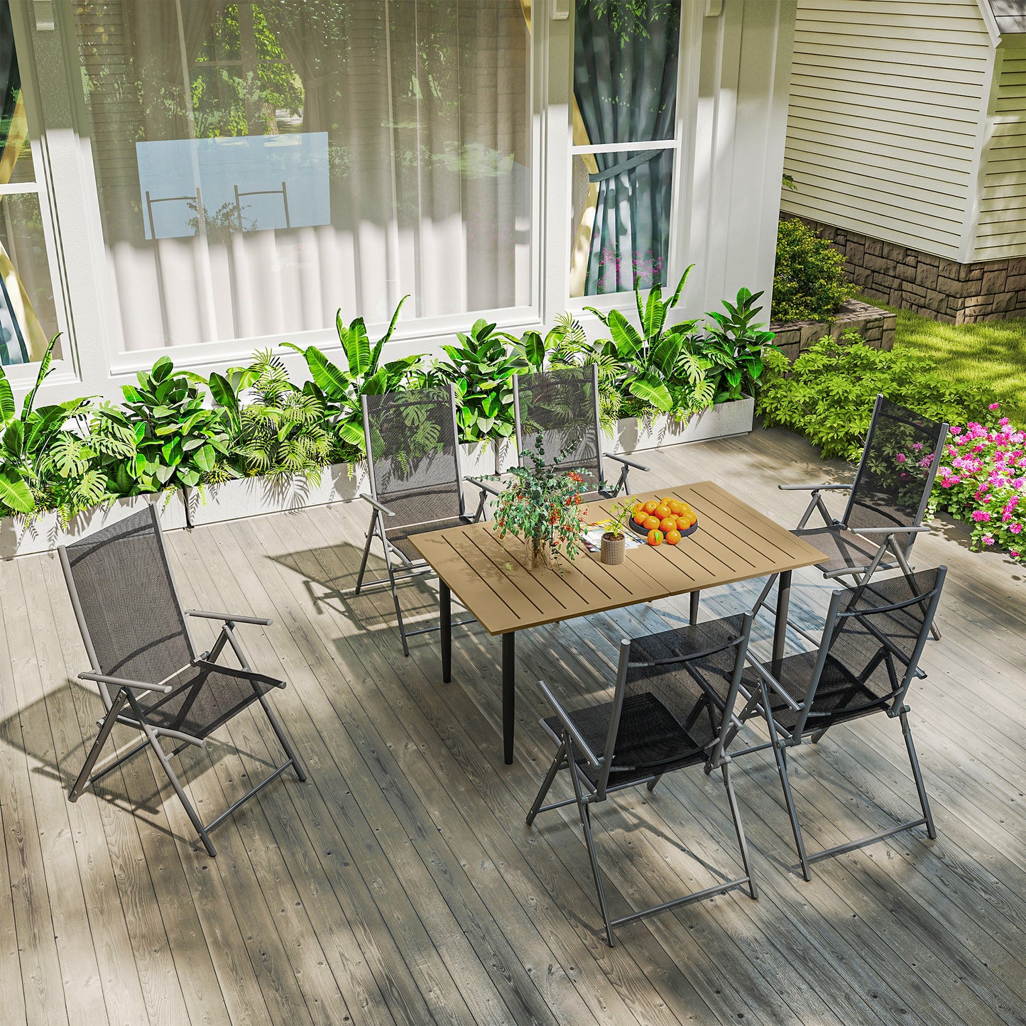 Outsunny Garden Dining Table dla 6 osób, prostokątny stolik kawowy do ogrodu z otworem na parasol 5 cm, blatem z listew i stalową ramą na taras i balkon, brązowy