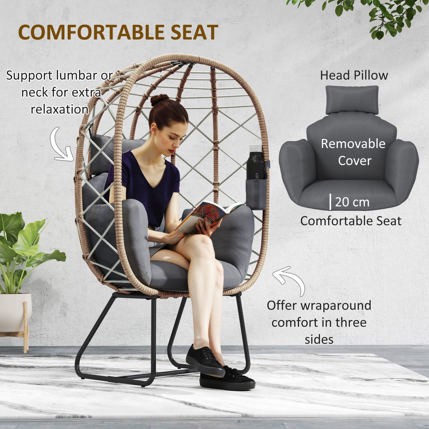 Outsunny Rattan Egg Chair Outdoor Indoor Wicker Chair z pogrubioną poduszką i zagłówkiem, stojący ogrodowy Egg Chair z uchwytem na kubek, metalowa rama na patio, balkon, brązowy