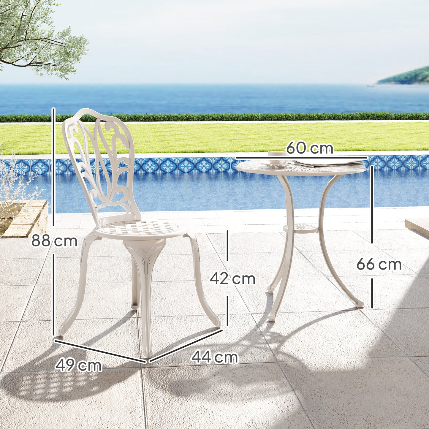 Outsunny 3-częściowy zestaw ogrodowy Bistro, zestaw mebli ogrodowych z odlewu aluminiowego z otworem na parasol na balkon, werandę, patio, biały