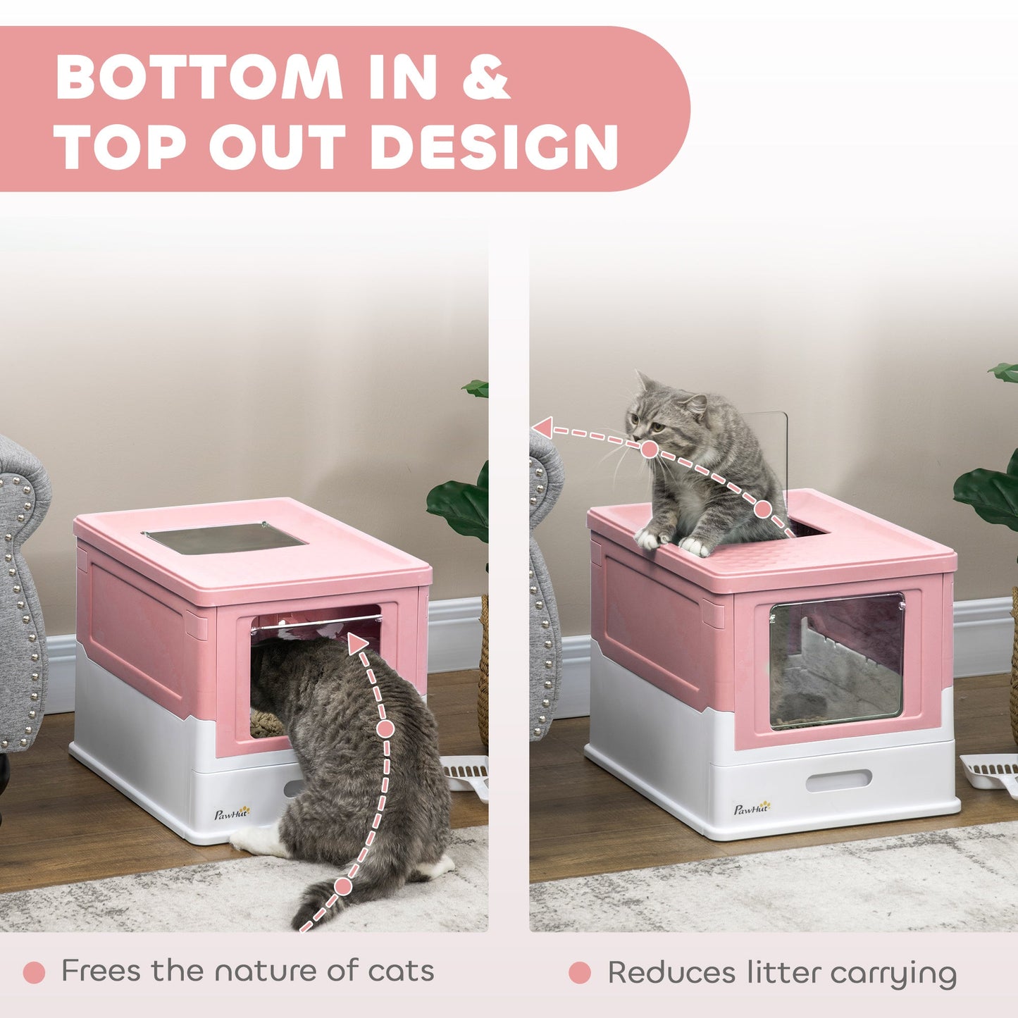PawHut Hooded Cat Litter Box, przenośna toaleta dla zwierząt, z łopatką, wejście z przodu - różowa