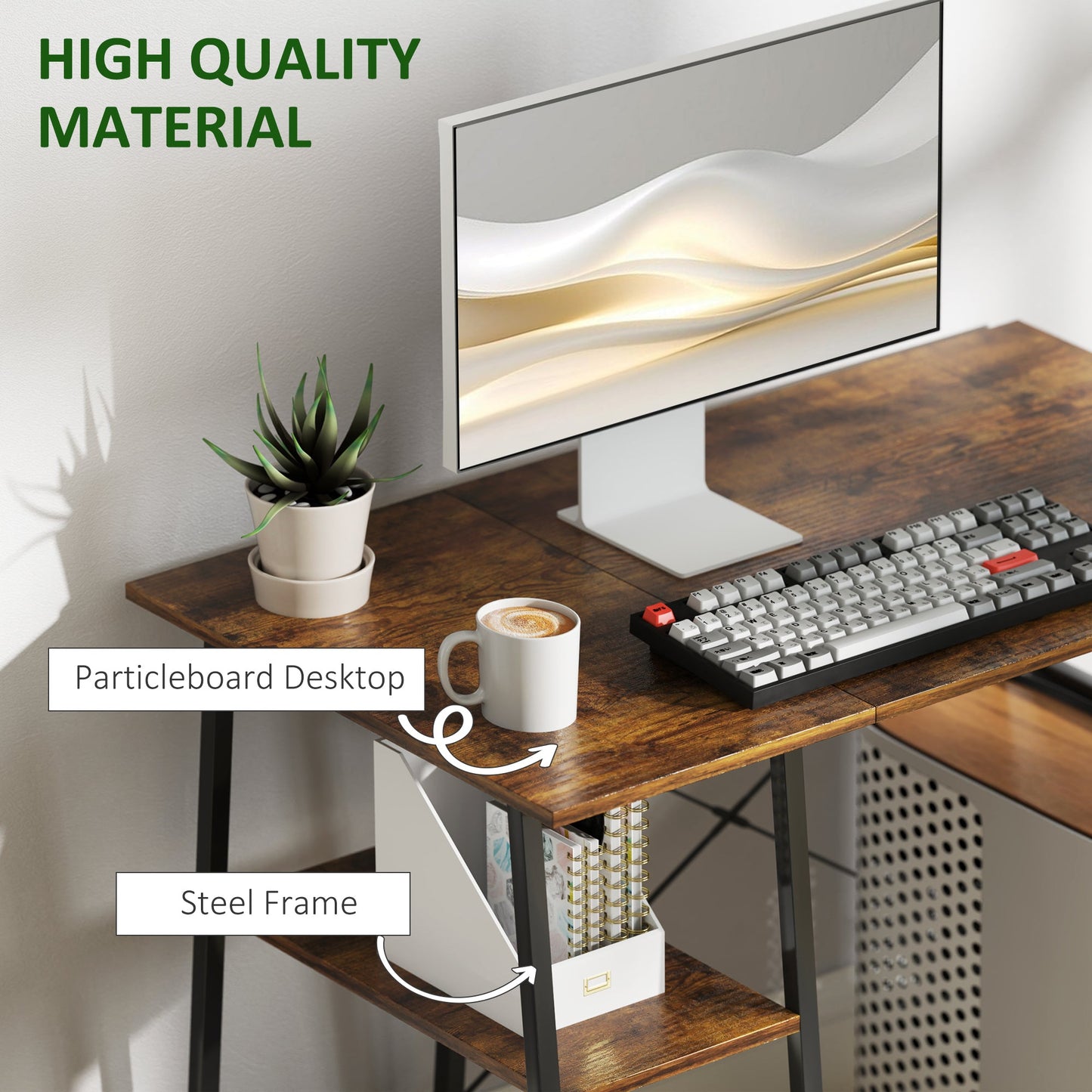 HOMCOM 100cm Computer Desk with Storage, Industrial Home Office Desk with 2 Tier Shelves and Steel Frame, Computer Table for Study Room, Rustic Brown