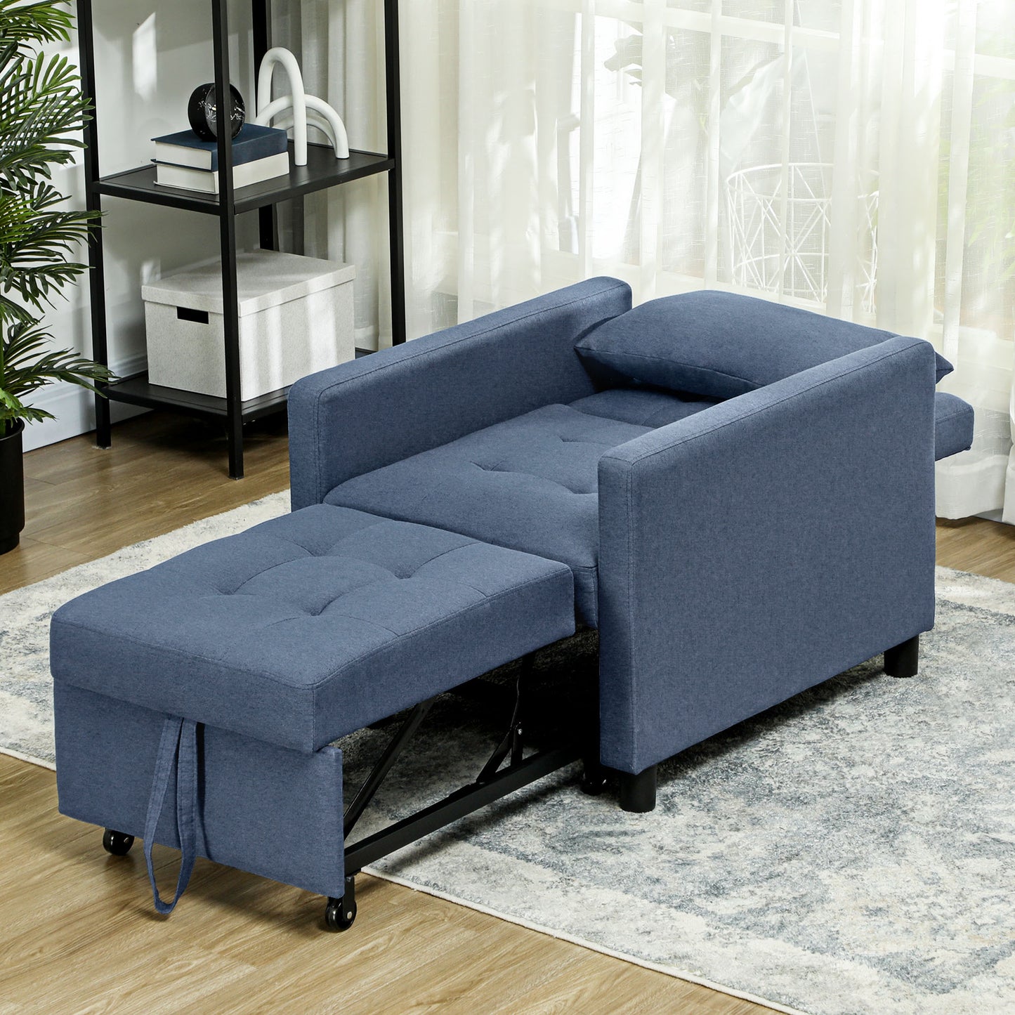 HOMCOM 3-In-1 Chair Bed, Convertible Sleeper Chair with Adjustable Backrest, Pillow and Footrest for Living Room, Blue